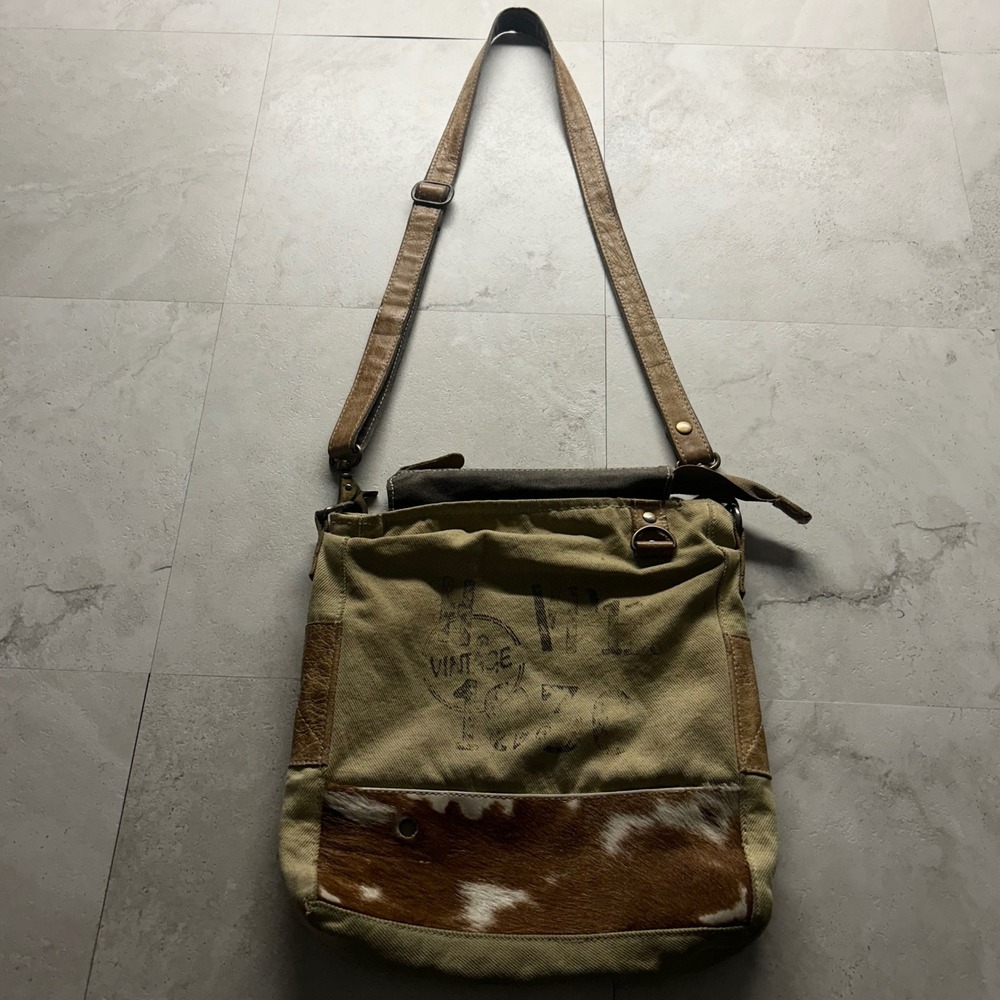 Myra Bag Crossbody Tan Brown Women Small Upcycled Canvas Cowhide Western Boho